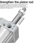 Close-up of Heavy Duty Aluminum Pneumatic Cylinder for Industrial Automation with Magnetic Double Acting Action, 2 Inch Bore, 4 Inch Stroke, PT1/4 Port showcasing strengthened piston rod.