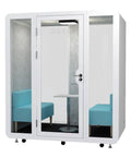 Smooth Rolling Soundproof Office Pod, Portable Phone Booth With Bright Led Lighting And Quick Usb Charging, Quiet Work Cabin with two blue seats and table