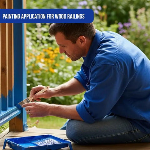 Man using Must-Have 5 Piece Paint Brush Set With 1 Inch Flat, 1.5 Inch Angle, 2 Inch Flat, 2 Inch Angle Stubby, And 2.5 Inch Angle Brushes for wood railings