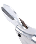 Close-up of Omquot Electric Metal Shear Drill Attachment Crv Steel Blade showing cutting edge for iron aluminum sheets.