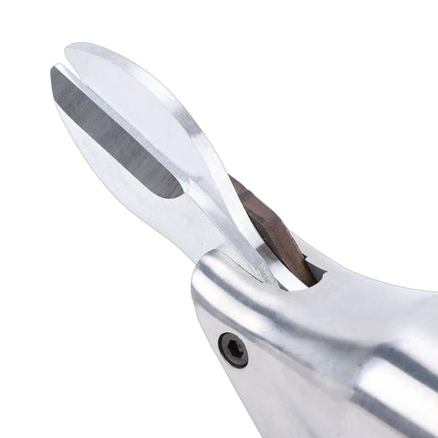 Close-up of Omquot Electric Metal Shear Drill Attachment Crv Steel Blade showing cutting edge for iron aluminum sheets.
