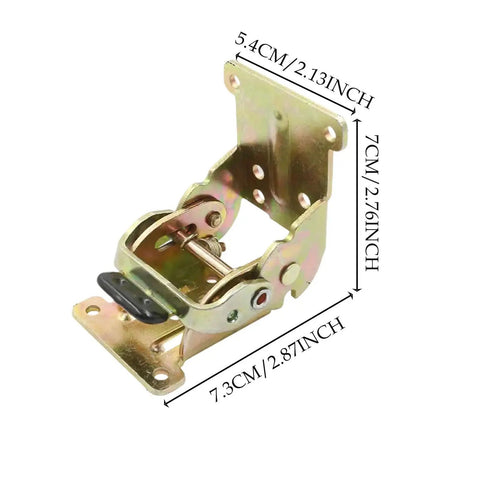 Badass Stability Adjustable Folding Hinge Lock Extension Support With Self Locking Mechanism For Table Legs and RV Setups showing measurements and gold finish.