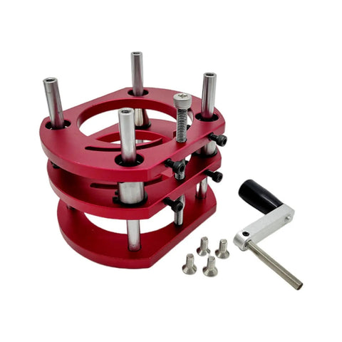 Premium Rock Solid Manual Router Lift System With Table Saw Insert Base Plate, red aluminum assembly for precise height adjustment.