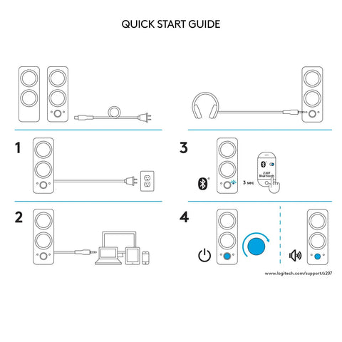 Quick start guide for Bluetooth 2.0 Desktop Speakers With 3.5mm Aux Cable, showing connection and setup steps with icons.