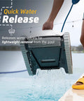 Person lifting Proteus DX3 Automatic Robotic Pool Vacuum Cleaner with wall climbing, showing water release for easy pool removal.