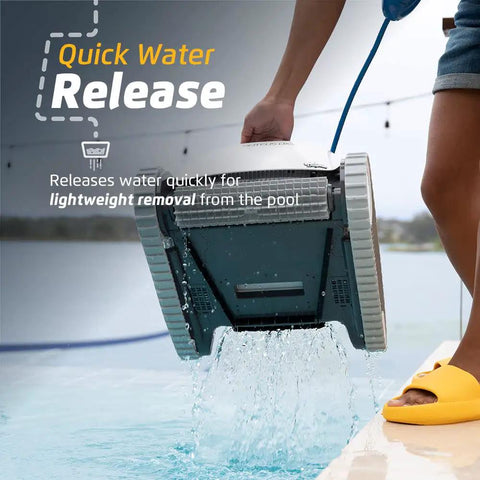Person lifting Proteus DX3 Automatic Robotic Pool Vacuum Cleaner with wall climbing, showing water release for easy pool removal.