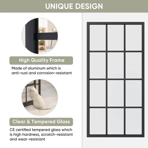 Bypass Double Glass Barn Door Kit With 84 By 84 In Clear Tempered Glass And 7.5 Ft Side Mounted Aluminum Black Frame.
