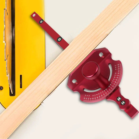Rigid Aluminum Miter Gauge For Table Saws With Telescoping Fence positioned next to wood, showcasing ergonomic grip and adjusting rail design.