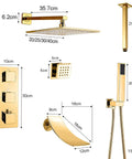 Top Shelf Gold Wall Mounted Bathroom Shower System With Thermostatic Temp Control 16 Inch Rainfall Head parts diagram with dimensions.