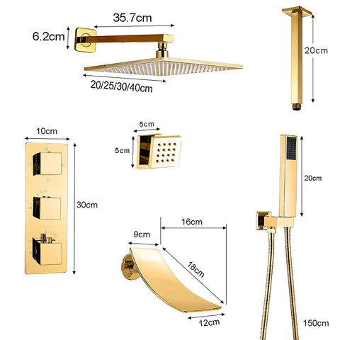 Heavy Duty Gold Thermostatic Shower System That Runs Flawless With 16 Inch Rainhead And Angled Handheld Sprayer Wall Mounted Bathroom Faucet Kit featuring dimensions and components