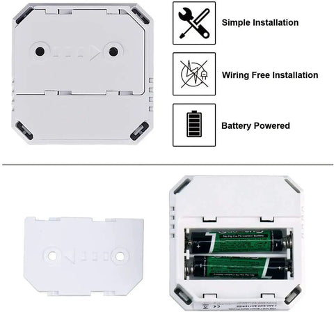 Back view of two pack carbon monoxide detector alarm battery operated with digital LCD display showing installation features