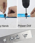 Installation process of M4 Jack Nut With Installation Tool Kit, showing manual and electric install on a blue metal strip.