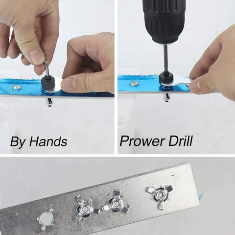 Installation process of M4 Jack Nut With Installation Tool Kit, showing manual and electric install on a blue metal strip.
