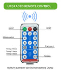 Remote control for Solar Powered Firework Garden Lights 4 Pack With 120 LED Starburst String 8 Modes Remote Control Flexible Copper Wire Outdoor Fairy Lights For Weddings Christmas Lawn Backyard Patio, showing buttons for 8 modes, timers, and brightness control.
