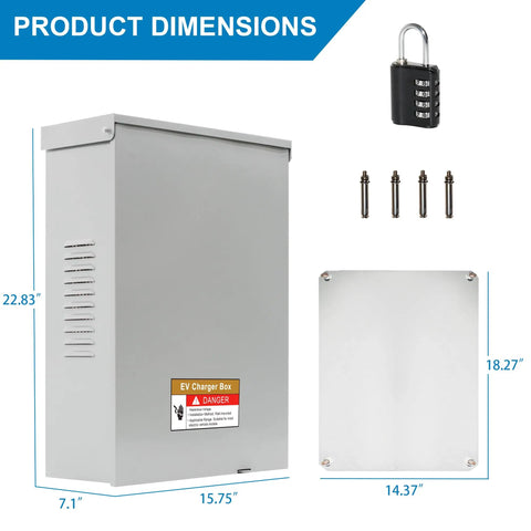 Dimensions of EV Charger Cover For Tesla Wall Charger Outdoor Enclosure with galvanized steel, lock, and mounting screws.