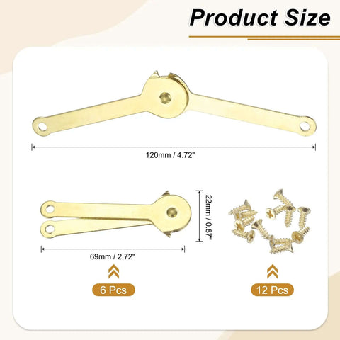 6 Pack Rock Solid Iron Lid Support Hinges With Spring Loaded Action 4.72 Inch Size showing details and measurements with screws.
