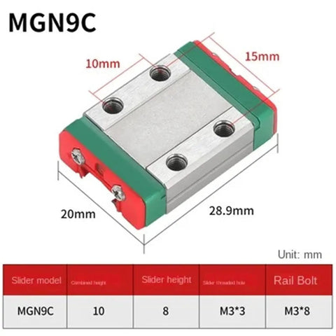 Top Notch 9mm MGN9 Linear Guide Rail With Matching Slider Block For Smooth Precision Motion Control In Diy CNC Router Projects And Heavy Duty Machinery Build Kits At 330mm Length showing MGN9C slider dimensions and specifications.