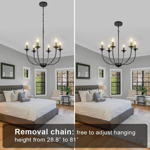 Black Farmhouse 6 Light Wrought Iron Chandelier Pendant Fixture for dining room with adjustable height showroom display