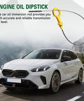 Engine Oil Dipstick Replacement for Audi 2.0T with yellow handle and heat-resistant aluminum alloy shown beside white car on road.