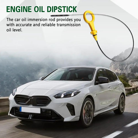 Engine Oil Dipstick Replacement for Audi 2.0T with yellow handle and heat-resistant aluminum alloy shown beside white car on road.