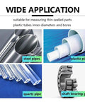 Image showing wide applications of the stainless steel conical bore gauge for precise hole inspection, including steel pipes, plastic pipes, quartz pipe, and shaft-bearing gap.
