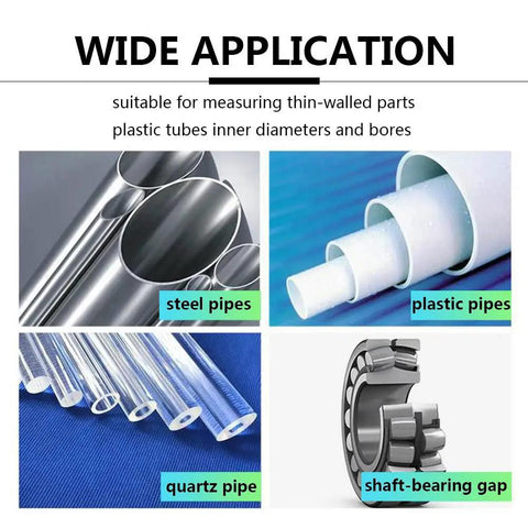 Image showing wide applications of the stainless steel conical bore gauge for precise hole inspection, including steel pipes, plastic pipes, quartz pipe, and shaft-bearing gap.