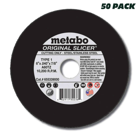 Six Inch Original Slicer Cut Off Wheel Type 1 0.040 Inch Thickness 7 Eighth Inch Arbor Aluminum Oxide Ultra Fast And Flexible For Steel And Stainless Steel 50 Pack