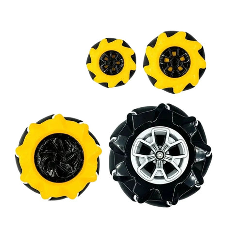 Set of four yellow mecanum wheels with black tires and central hubs for robotic car.