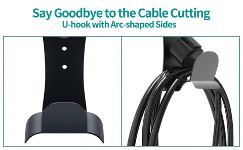 EV Charger Wall Mount Holder For SAE J1772 Cord Organizer shows a U-hook with arc edges for cable protection and storage.