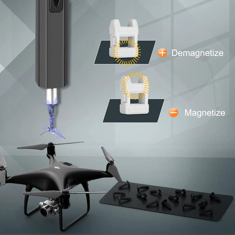 Demagnetizer and magnetizer with drone components from 82 In 1 Precision Electric Screwdriver Set, Rechargeable Cordless Tool Kit With LED Lights.