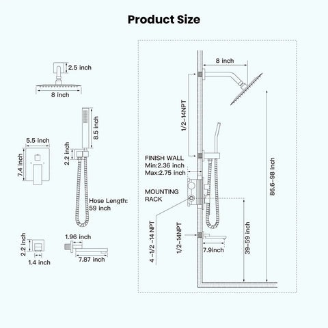 Dimensions diagram of Rainfall Tub Shower Faucet Set With Handheld Sprayer Wall Mount Square High Pressure Shower System