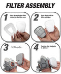 Image showing filter assembly steps for Pro Grade All In One Reusable Half Face Respirator Kit With Safety Glasses And Replacement Filters