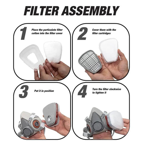 Image showing filter assembly steps for Pro Grade All In One Reusable Half Face Respirator Kit With Safety Glasses And Replacement Filters