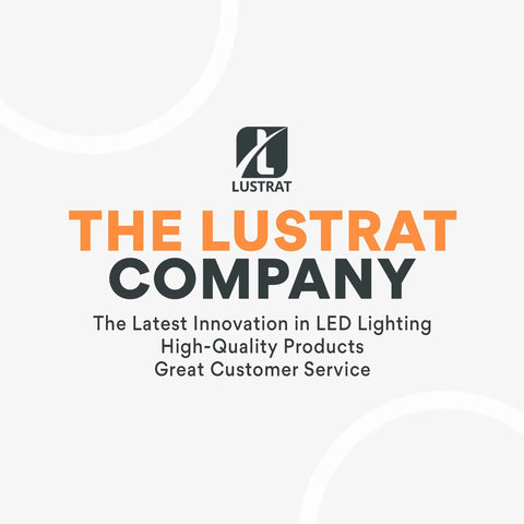 The Lustrat Company logo with text highlighting LED lighting innovation and quality customer service.