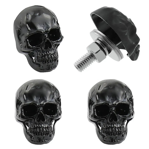 Badass Skull License Plate Screws And Motorcycle Plate Bolts Featuring Four Piece Black Fastener Set showing four black skull bolts and one fastener.