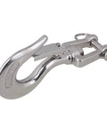 American Style 304 Stainless Steel Swivel Lifting Hook With Safety Latch showing clevis design and shiny finish.