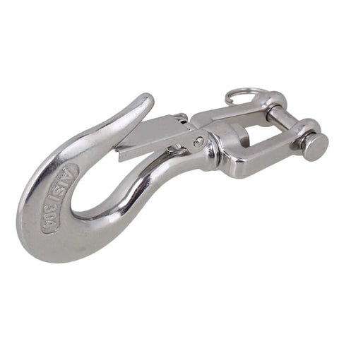 American Style 304 Stainless Steel Swivel Lifting Hook With Safety Latch showing clevis design and shiny finish.