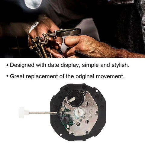 Three Hands Quartz Watch Movement With Double Calendar Kit for Pro Repair and DIY Enthusiasts, showing metal construction