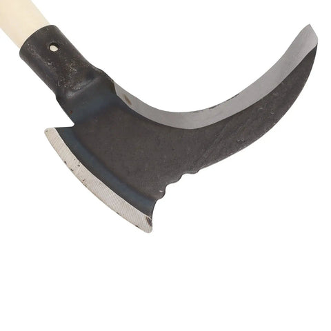 Close-up of Mean Manganese Steel Double Scythe Sickle blade for weeding and outdoor mowing with sharp durable edge for trimming vines.