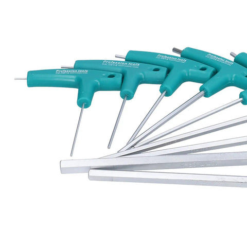 Chilled T Handle Hex Wrench Set with 9 Double Head Chrome Steel Keys Featuring Non Slip PP Grip For Home Furniture Repair And Auto Maintenance In Cool Storage Bag, teal handles