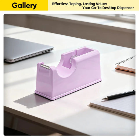 Heavy Duty One Handed Weighted Office Tape Dispenser With Non Slip Rubber Base For Quick Smooth Cuts Fits Standard 1 Inch Core Clear Tape Rolls Serrated Blade Purple Finish Ideal For Desk Home Office, purple tape dispenser on white desk