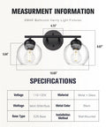 Two Light Black Bathroom Vanity Light Over Mirror With Clear Glass Globe Shades Dope Sleek Modern Bath Fixture diagram