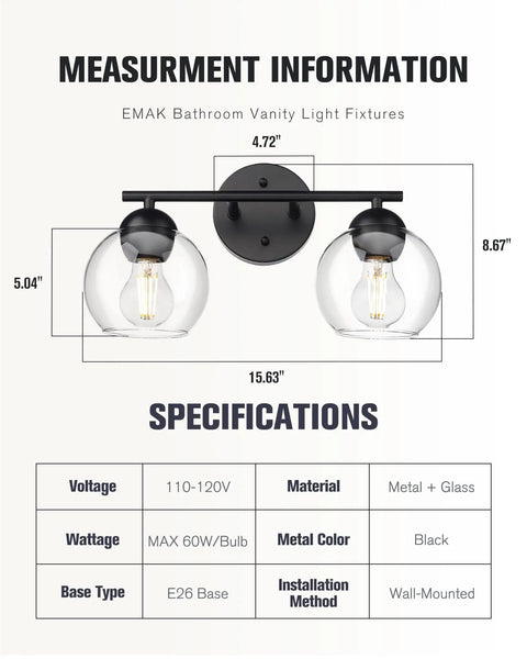 Two Light Black Bathroom Vanity Light Over Mirror With Clear Glass Globe Shades Dope Sleek Modern Bath Fixture diagram