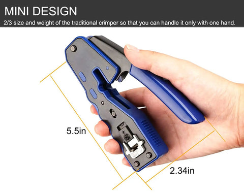 All In One Ethernet Crimping Tool For Pass Through Cat5e Cat6 Cat6a Connectors With Built In Cable Tester, held by a hand, size 5.5in x 2.34in