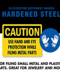 Safety warning for Ten Piece Needle File Set With Pro Grade Hardened Alloy Steel Mini Files for metal and plastic.
