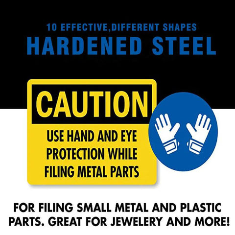Safety warning for Ten Piece Needle File Set With Pro Grade Hardened Alloy Steel Mini Files for metal and plastic.