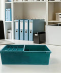 Under Desk Storage Tray With Three Tier Drawers, green plastic desktop organizer in office setting