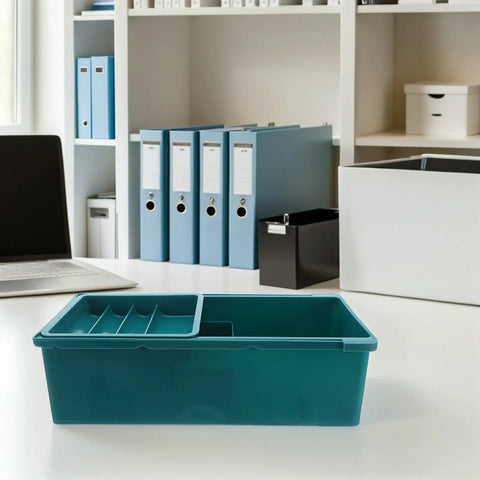 Under Desk Storage Tray With Three Tier Drawers, green plastic desktop organizer in office setting