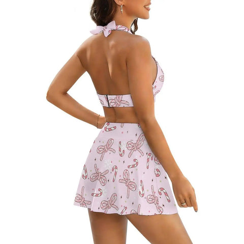 Two Piece High Waist Bikini With Cute Bow Ties And Back Cutout Yacht Ready Swimsuit With A Flirty Side Slit Mini Skirt