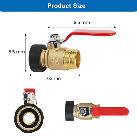 Heavy Duty Garden Hose Shut Off Valve 3/4 GHT with red handle, brass body, and product dimensions labeled